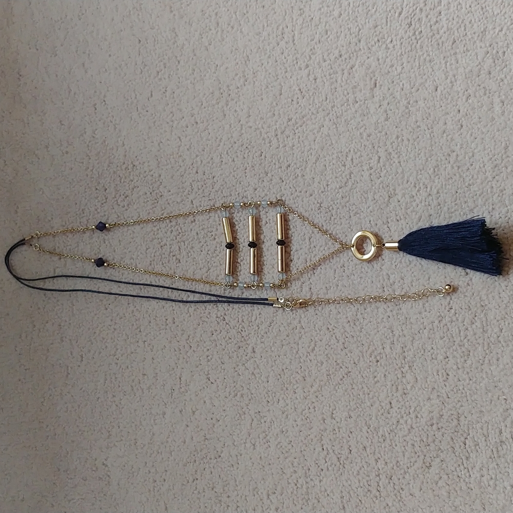 Pre-loved gold and navy tassel necklace